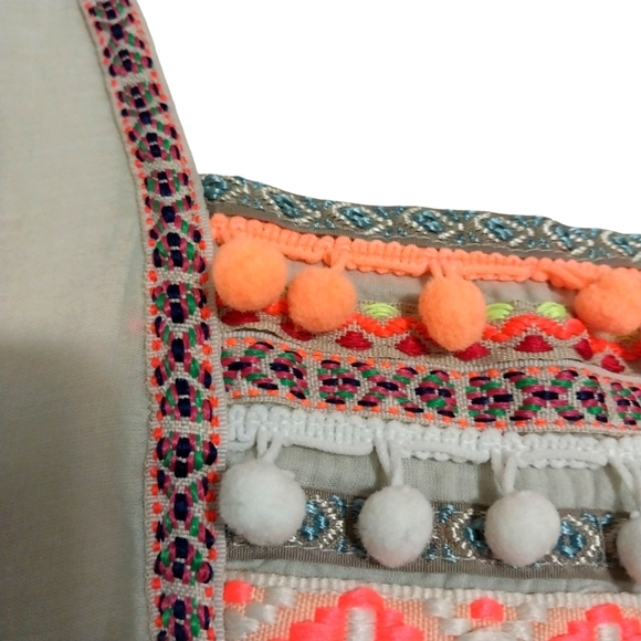 🎟️BOGO FREE🎟️ ZL Europe Hippie Boho Pom Pom Raw Hem Dress Sz L - Picture 2 of 8